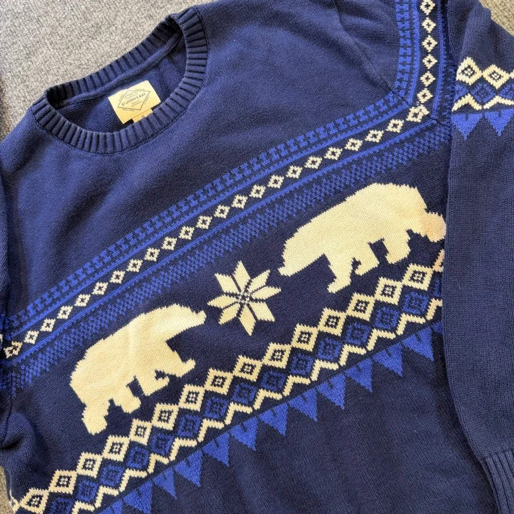 St Johns Bay Mens Navy Blue Polar Bear Fair Isle Cotton Crewneck Sweater XL